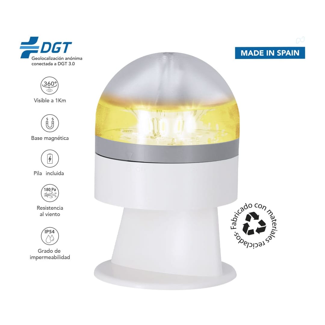 A geolocated emergency light in yellow and silver with a magnetic base, featuring a rounded dome design and an IP54 rating. Busby Geolocated Emergency Light V16 - Image 1
