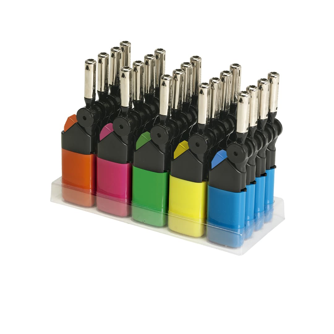 A set of multi-coloured kitchen lighters in orange, pink, green, yellow, and blue, arranged in a display. Lylian Kitchen Lighter - Image 1