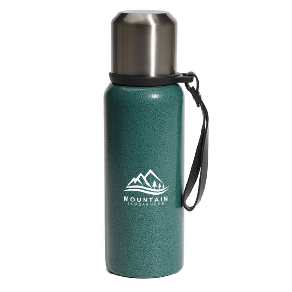 A drink bottle featuring a stainless steel top and a teal finish, with a logo and a carrying strap. 25 oz. Stainless Steel Insulated Water Bottle - Image 1