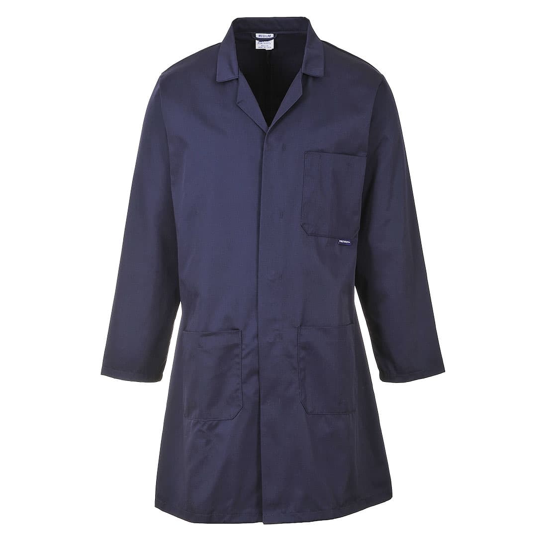 A navy blue coat with a collar, long sleeves, and multiple pockets. It features a branding logo. Standard Coat - Image 1