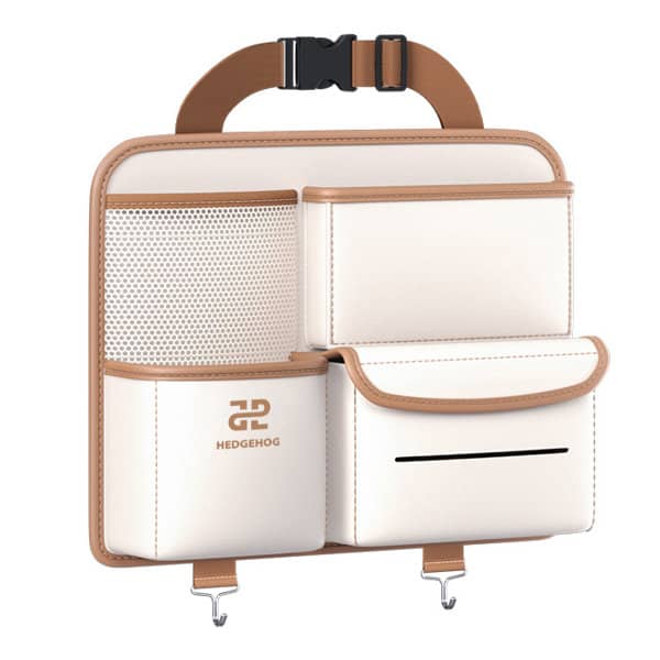 A white and brown car back seat storage bag featuring multiple pockets and a branding logo. Car Back Seat Storage Bag - Image 1