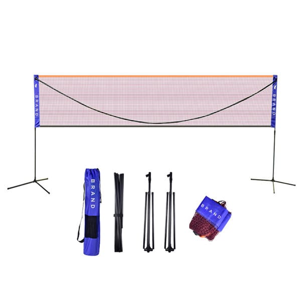 An adjustable portable badminton net in blue and orange, complete with poles, netting, and carry bag. Adjustable Portable Badminton Net - Image 1