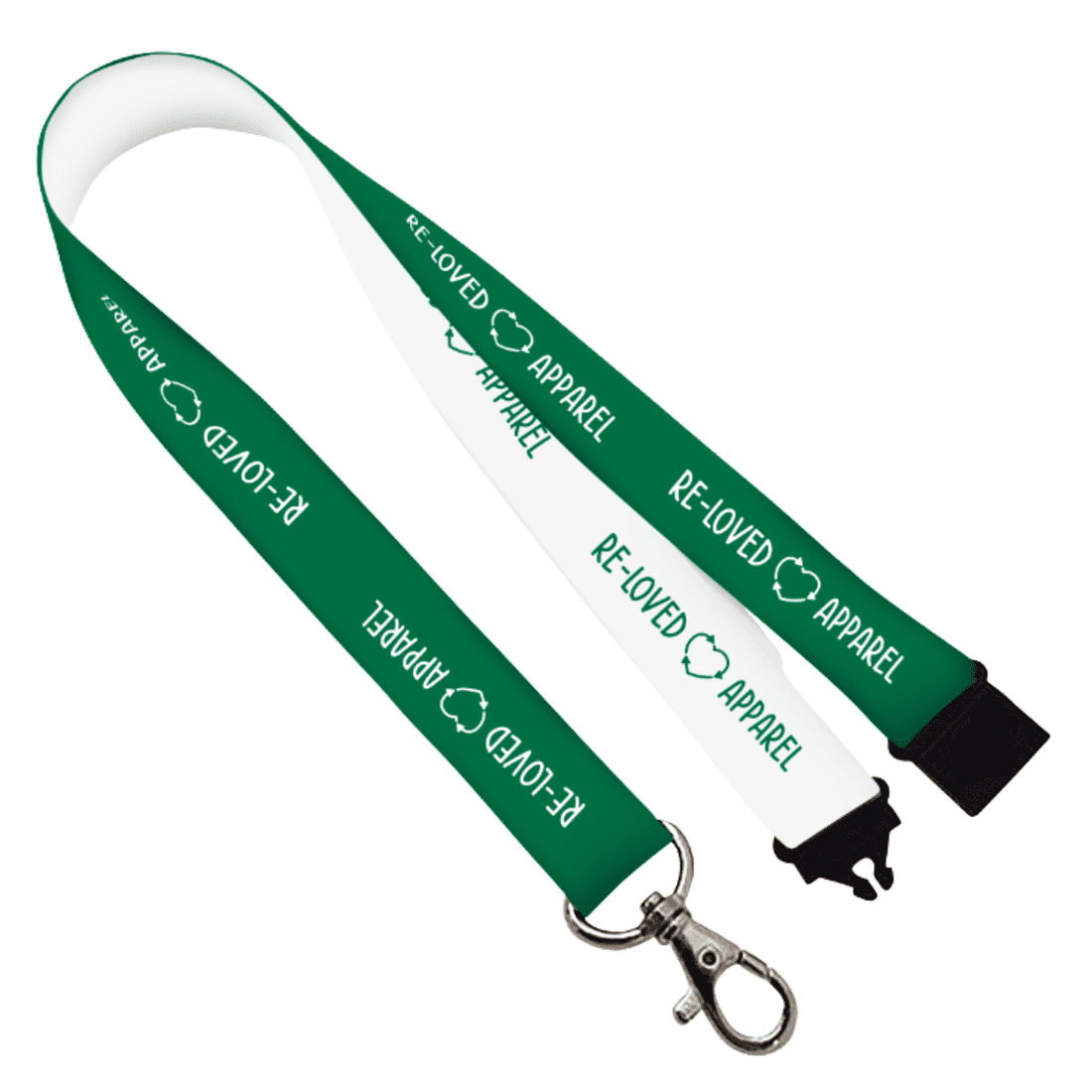 A green and white lanyard with a logo, featuring a hook for attachment and sustainable material design. 100% rPET Lanyard - Image 1