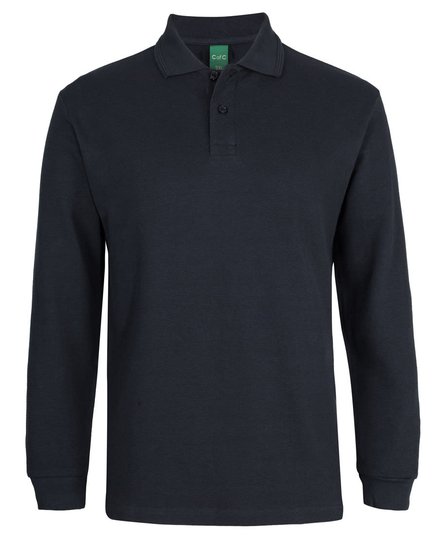 A dark navy long-sleeve polo shirt with a collar and a logo on the chest. C of C L/S 320 G Popcorn Cotton Polo - Image 1