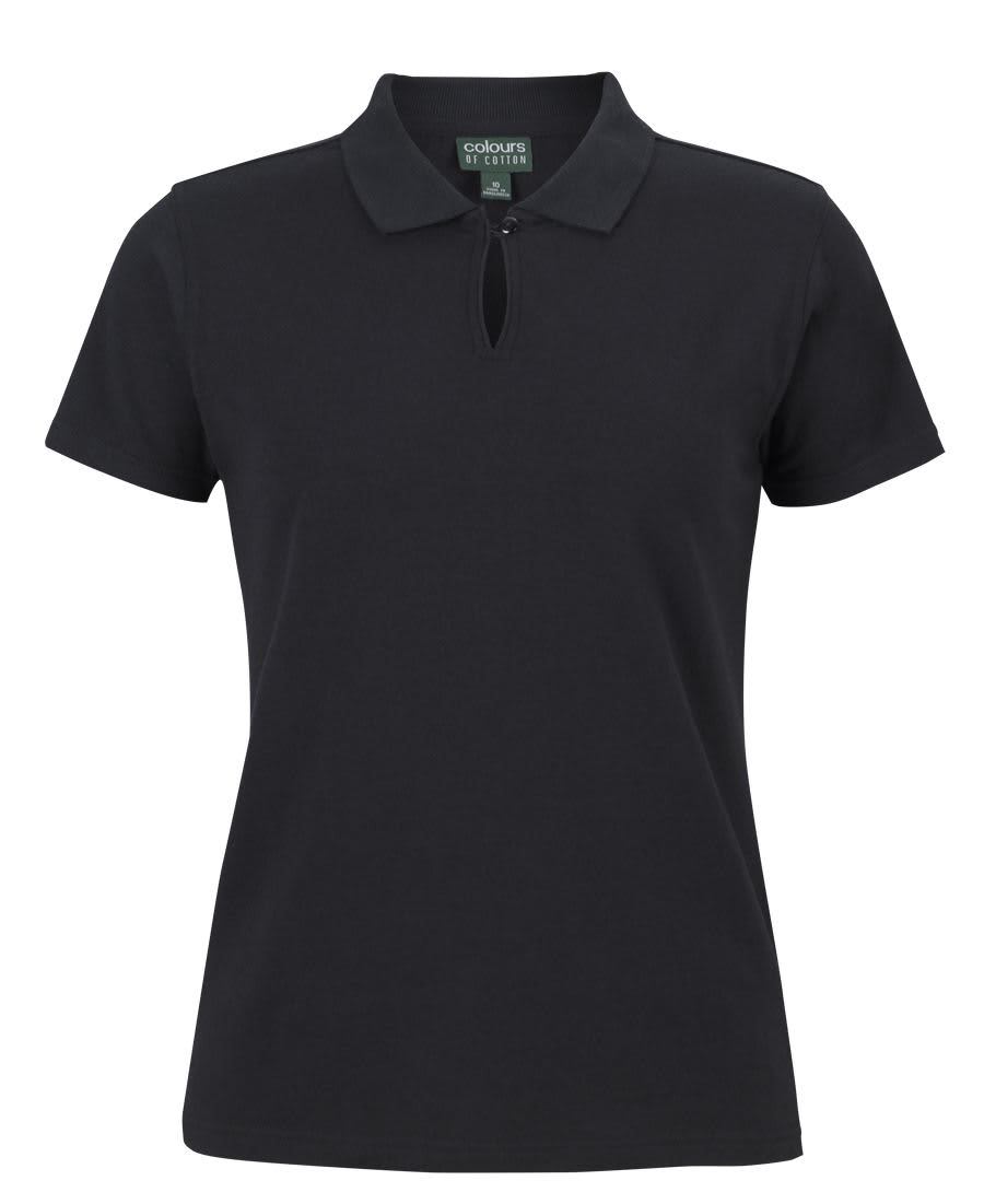 A black ladies' short-sleeve cotton stretch polo shirt featuring a collar and a logo. C of C Ladies - Image 1