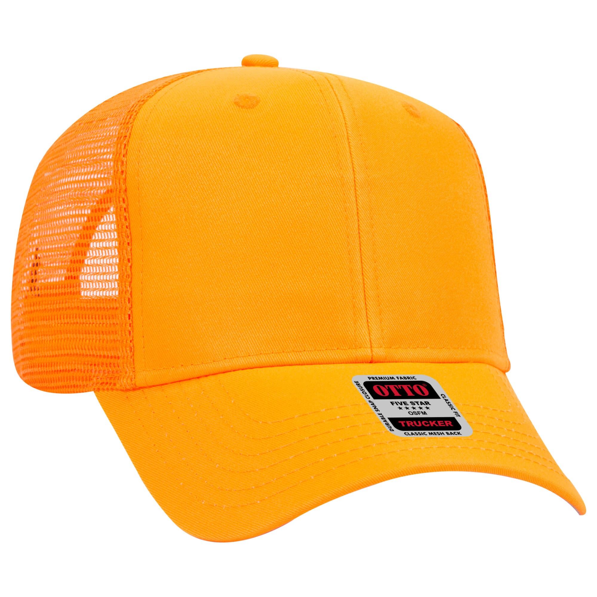A bright orange 6-panel trucker hat with mesh side panels and a branded patch on the front. 6 Panel Mid Profile Trucker Cap - Image 1