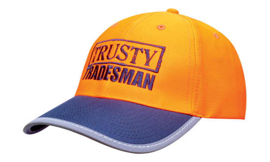 An orange cap with a dark blue brim, featuring a logo and reflective trim for visibility. Luminescent Safety Cap with Reflective Trim - Image 1