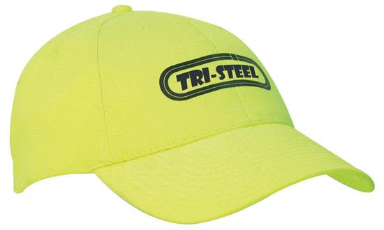 A yellow cap featuring a curved brim and a logo on the front. The design is simple and bright for visibility. Luminescent Safety Cap - Image 1