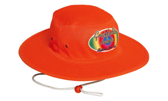 A luminescent safety hat in bright orange, featuring a logo on the front and a chin strap for secure fit. Luminescent Safety Hat - Image 1