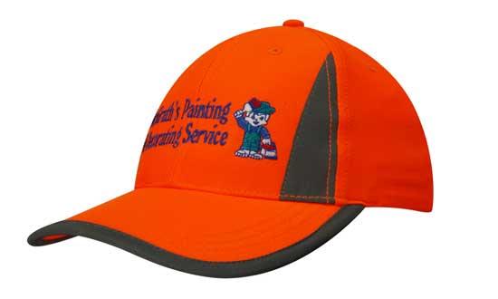 A bright orange cap with reflective trim and a logo, featuring grey accents on the sides and brim. Luminescent Safety Cap with Reflective Inserts and Trim - Image 1