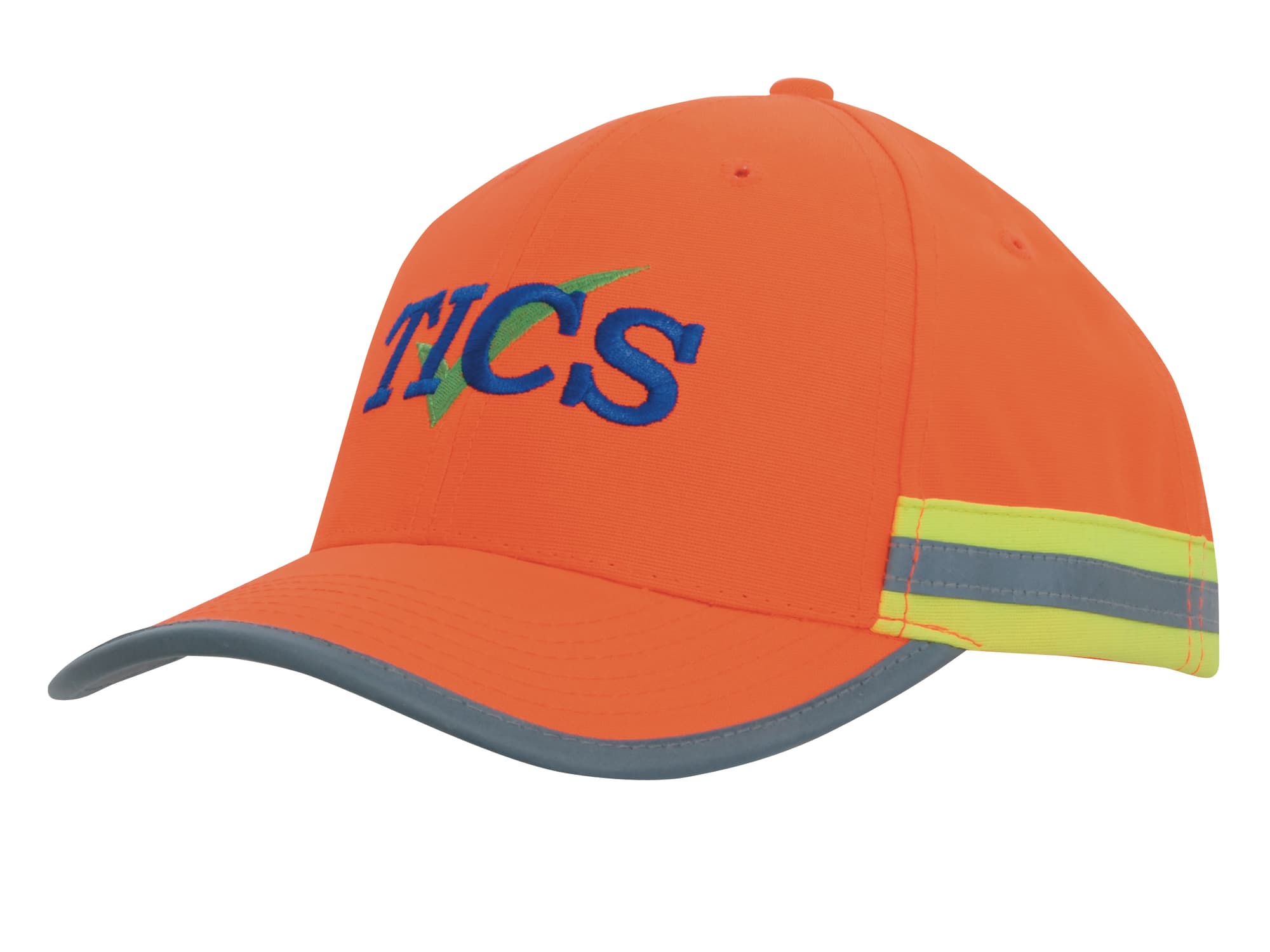 An orange cap with a reflective tape and grey peak, featuring a logo on the front. Hi Vis Cap with Reflective Tape - Image 1
