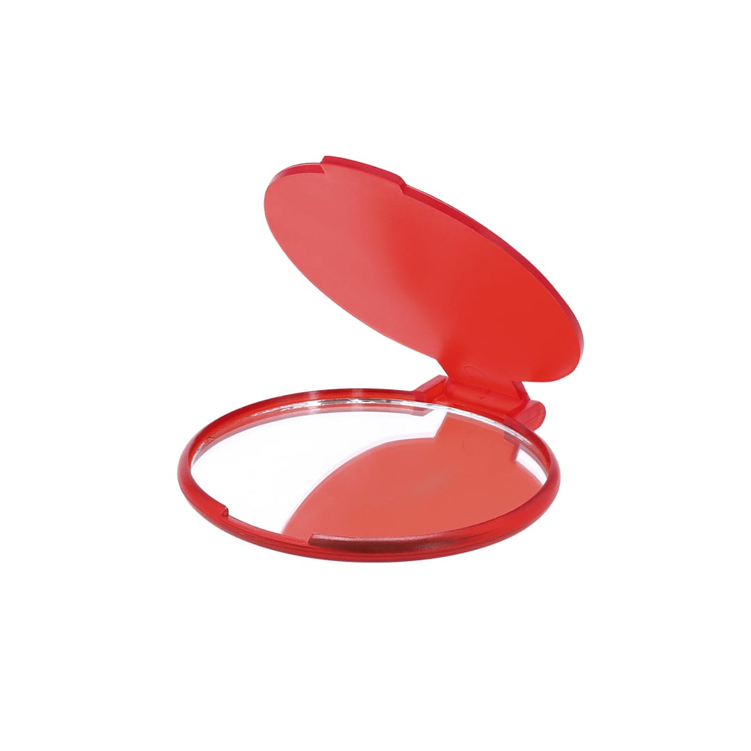 A red pocket mirror with a hinged lid, featuring a circular reflective surface inside. Thiny Pocket Mirror - Image 1