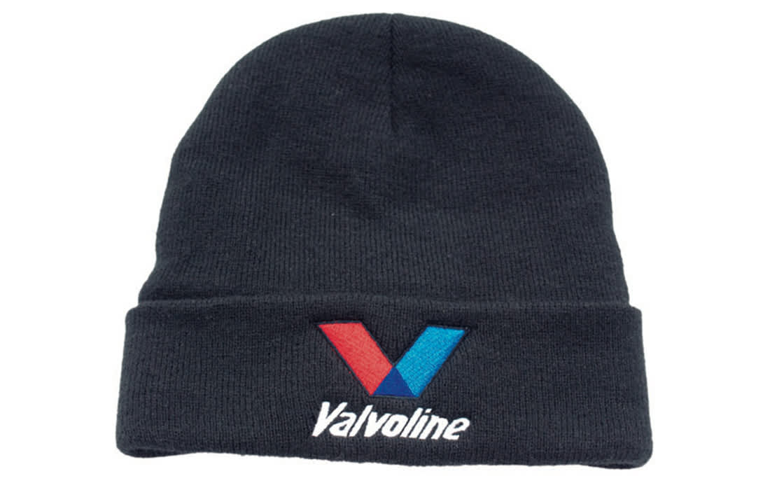 Acrylic beanie in dark navy featuring a logo, soft material, and Thinsulate lining for warmth. Acrylic Beanie with Thinsulate Lining - Image 1
