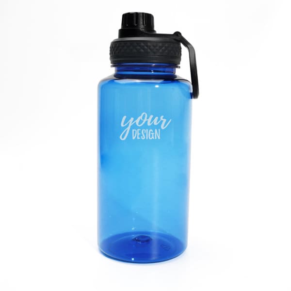A blue plastic sports bottle with a black lid and a carry handle, featuring a logo. 34 oz. Plastic Sports Bottle - Image 1