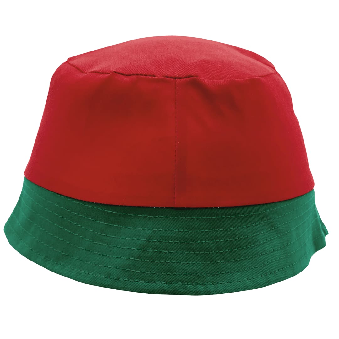 A red and green bucket hat with a solid design and a visible logo feature. Patriot Hat - Image 1