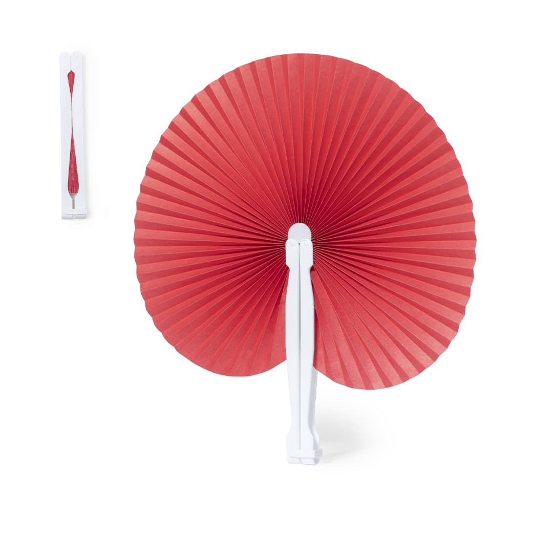 A red folding fan with a white handle, showcasing a pleated design. It includes a logo on the handle. Stilo Pai Pai - Image 1