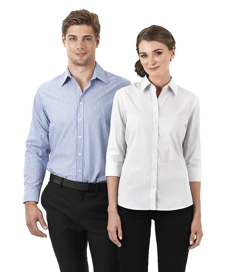 A ladies' 3/4 sleeve button-up shirt in white and blue striped patterns, featuring a logo. York - Ladies 3/4 Sleeve Shirt - Image 1