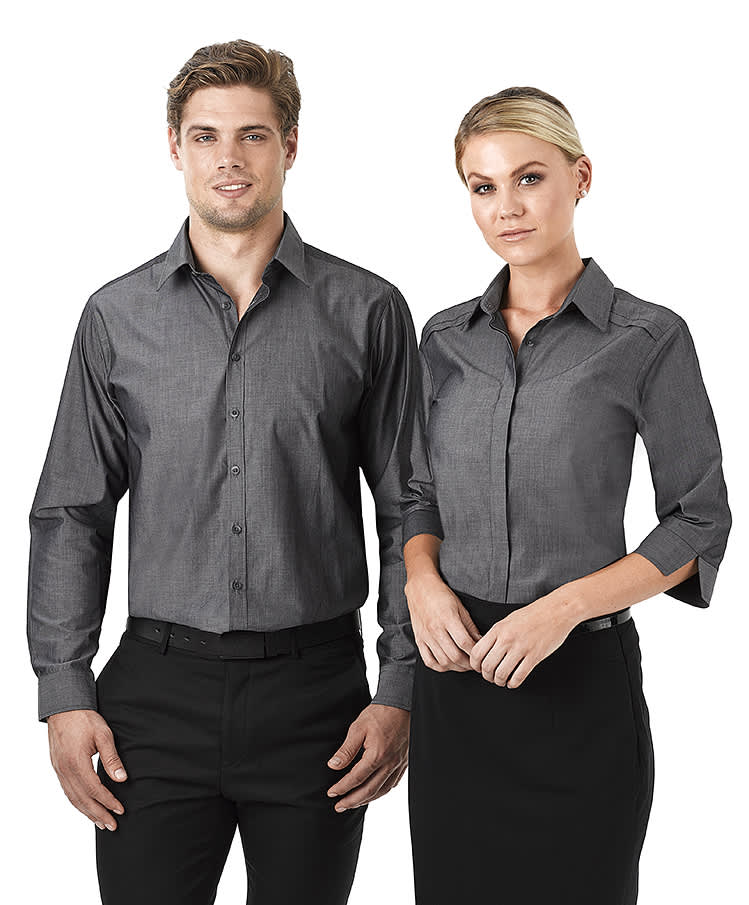 A grey, button-up long sleeve shirt for ladies, displayed on a model alongside a male model in a matching style. Felix - Ladies Long Sleeve Shirt - Image 1