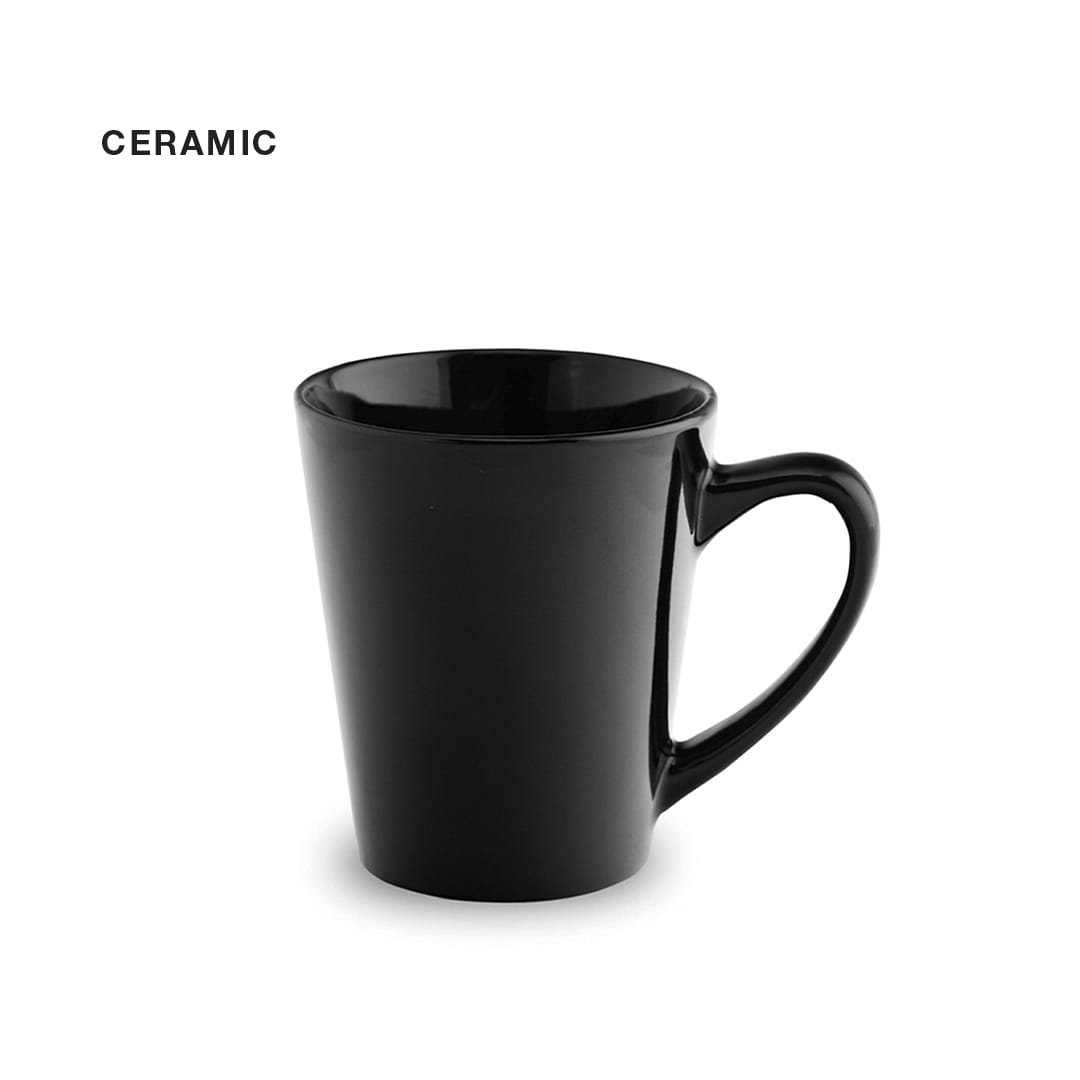 A black ceramic mug with a tapered design and a handle, featuring a glossy finish. Margot Mug - Image 1