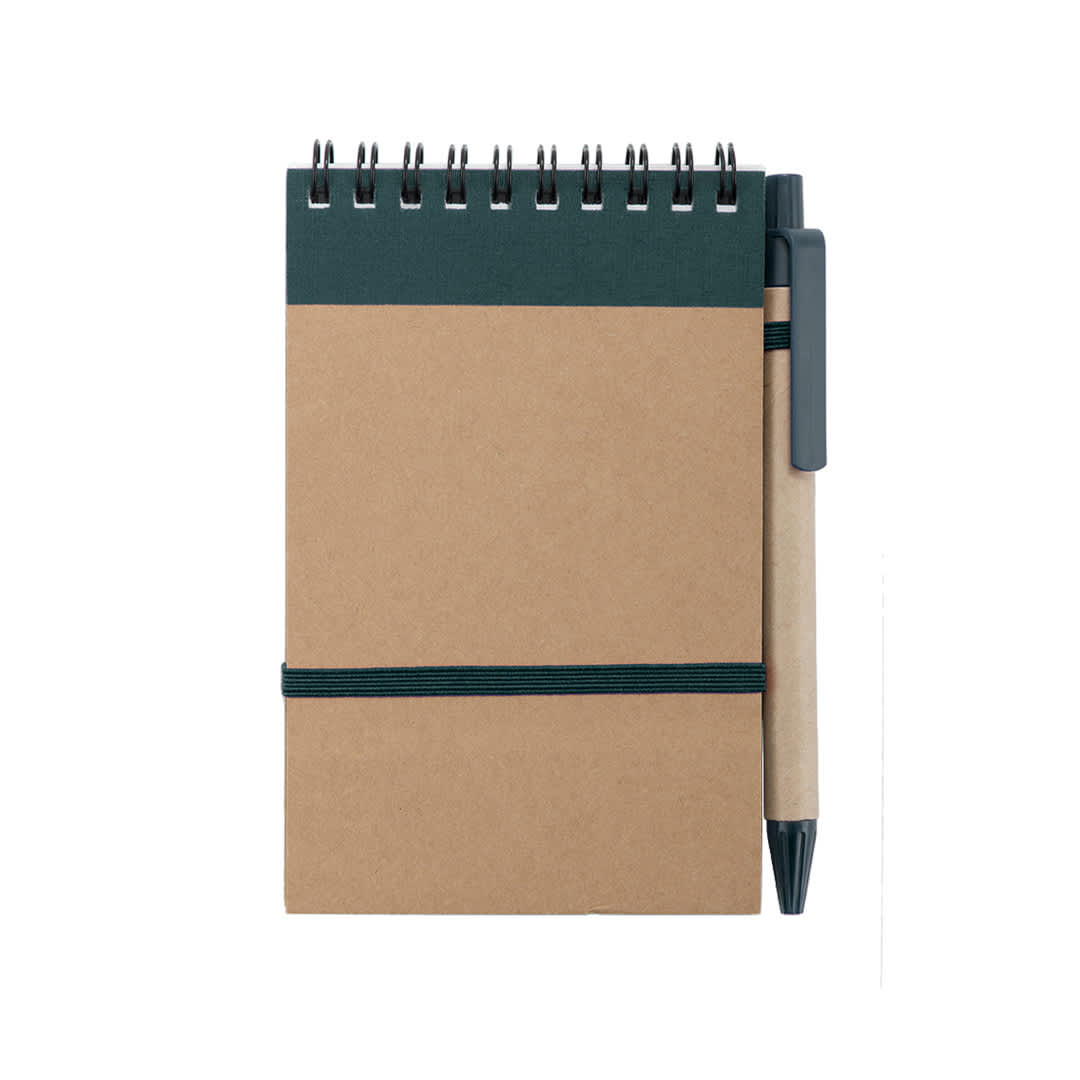 A spiral-bound notebook in brown and green with a black pen attached by an elastic band. It features a branding logo. Ecocard Notebook - Image 1