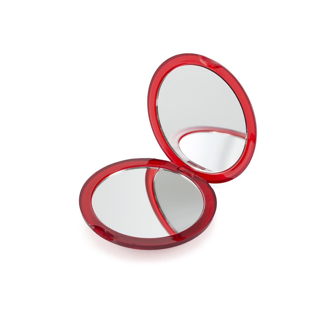 A red pocket mirror with a round design, featuring two reflective surfaces inside. Naza Pocket Mirror - Image 1