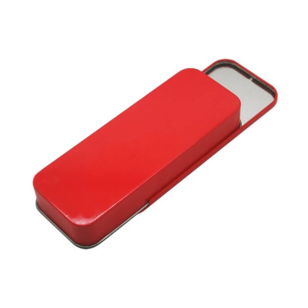 A red slide top tin box container with a metallic finish and a sliding lid. Features a branding logo. Slide Top Tin Box Containers - Image 1