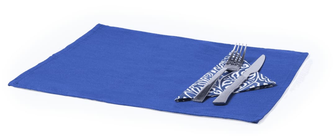 A blue placemat with a patterned napkin and cutlery neatly arranged on top. It features a simple design and has a logo. Irsan Place Mat - Image 1