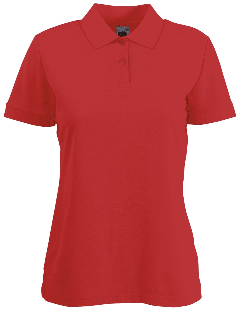 A red women's polo shirt with a classic collar and short sleeves, featuring a logo on the chest. 65/ 35 Women Polo Shirt - Image 1