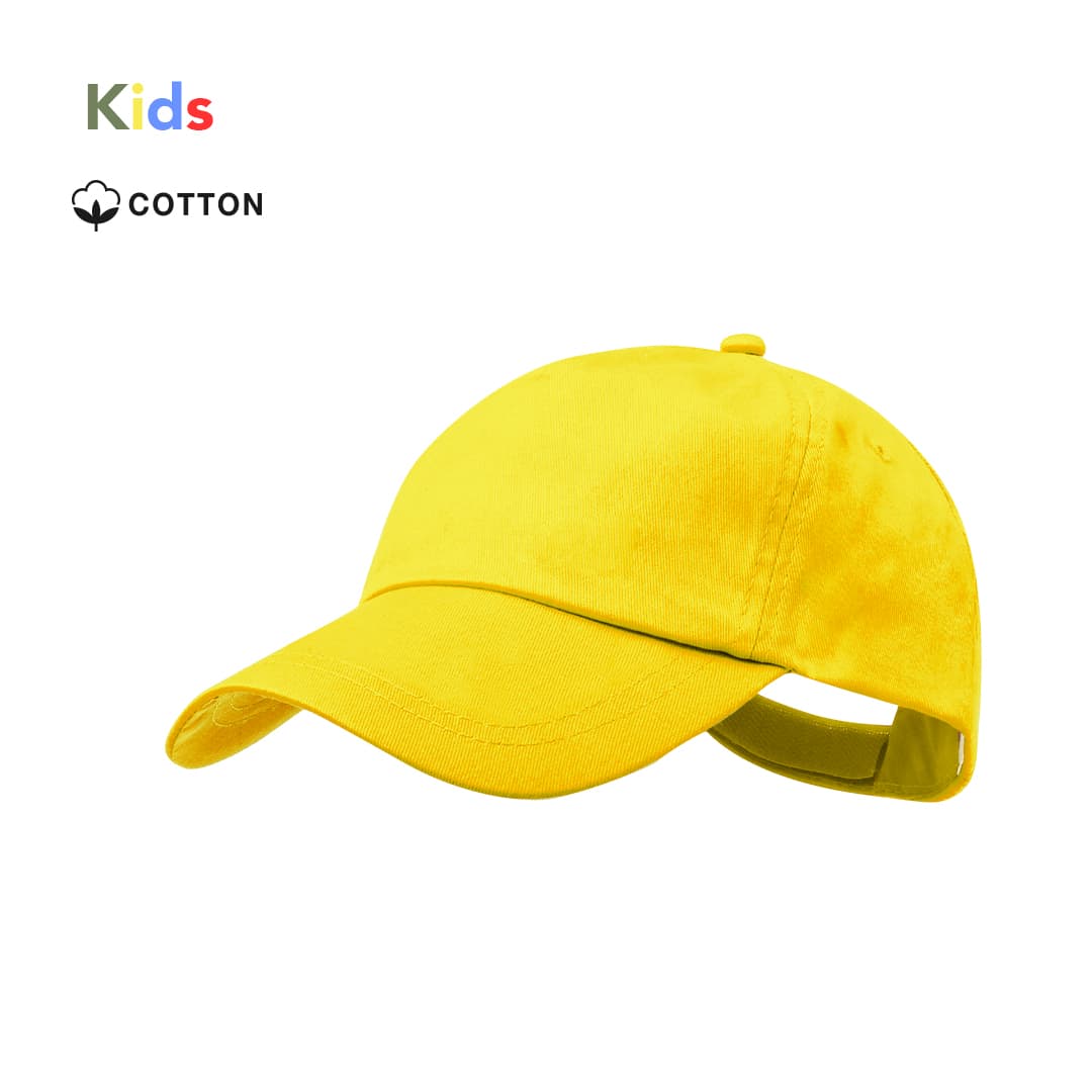 A yellow cotton cap for kids featuring a branding logo. Ideal for headwear needs. Sportkid Kids Cap - Image 1