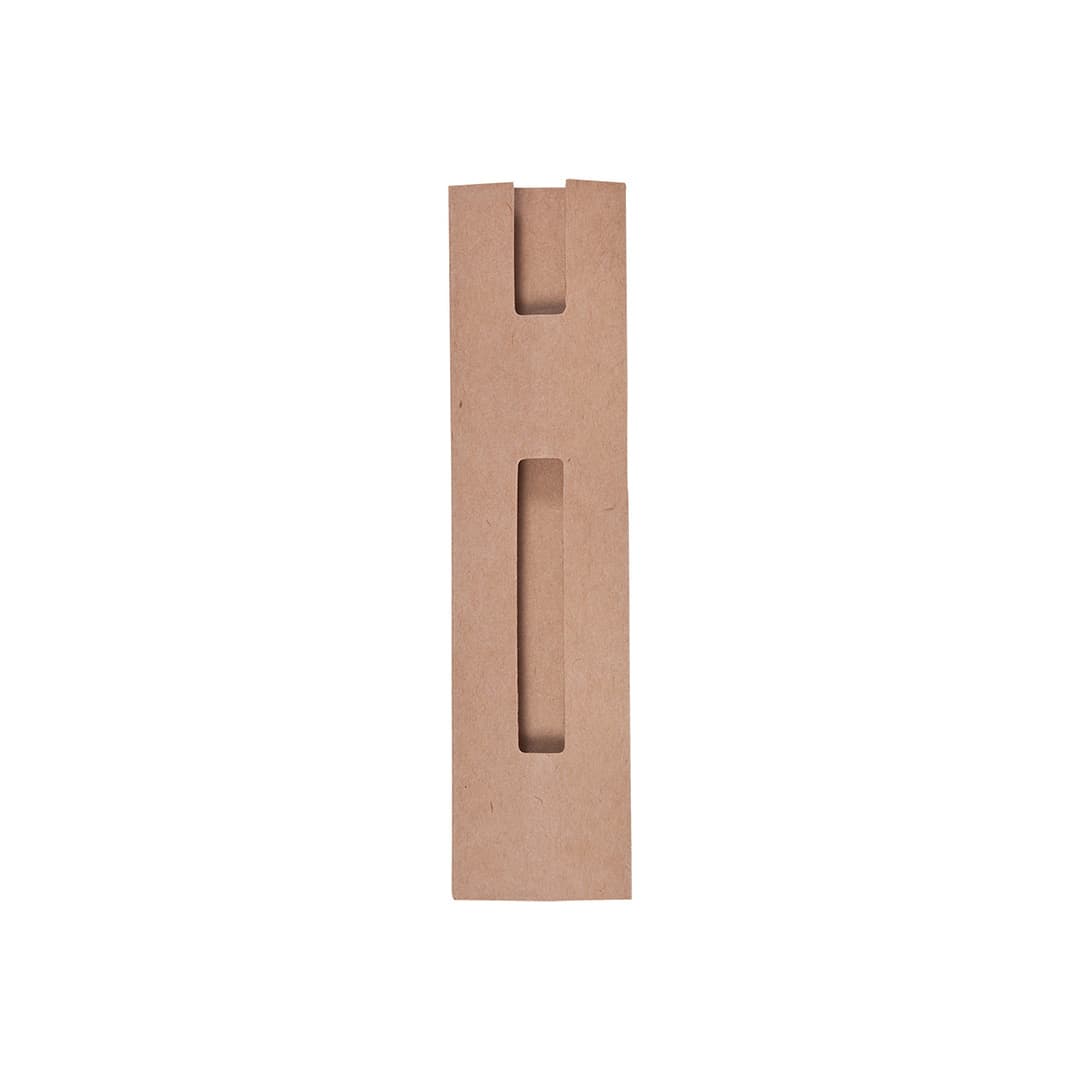 A plain brown recycled cardboard pen pouch with a centred cut-out. It has a simple design and includes a logo. Recycard Pen Pouch - Image 1
