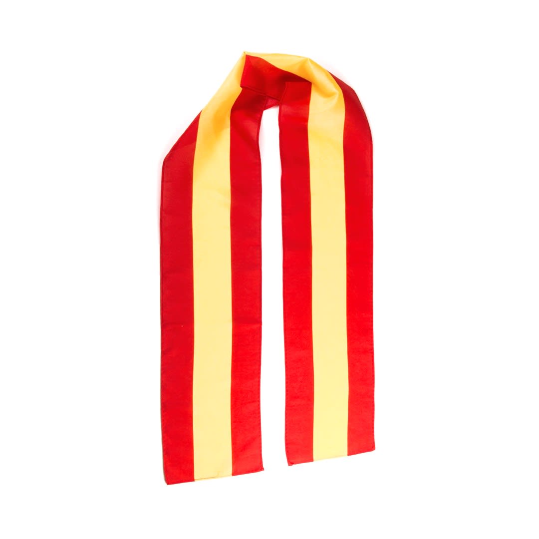 A red and yellow-striped scarf with a silky finish, featuring a branding logo. Lesport Scarf - Image 1