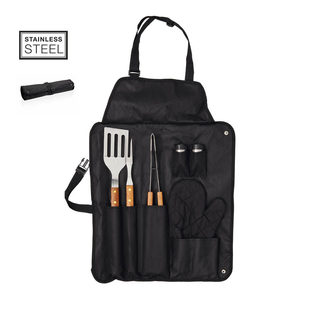 A black BBQ set featuring stainless steel utensils, an apron, and a heat-resistant glove, neatly organised in a roll-up case. North Barbecue Set - Image 1