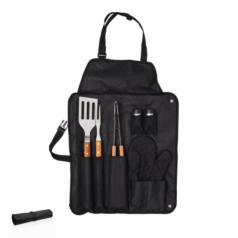 A black BBQ utensil set with a spatula, tongs, seasoners, and an oven mitt, organised in a sleek carrying apron. North - Image 1