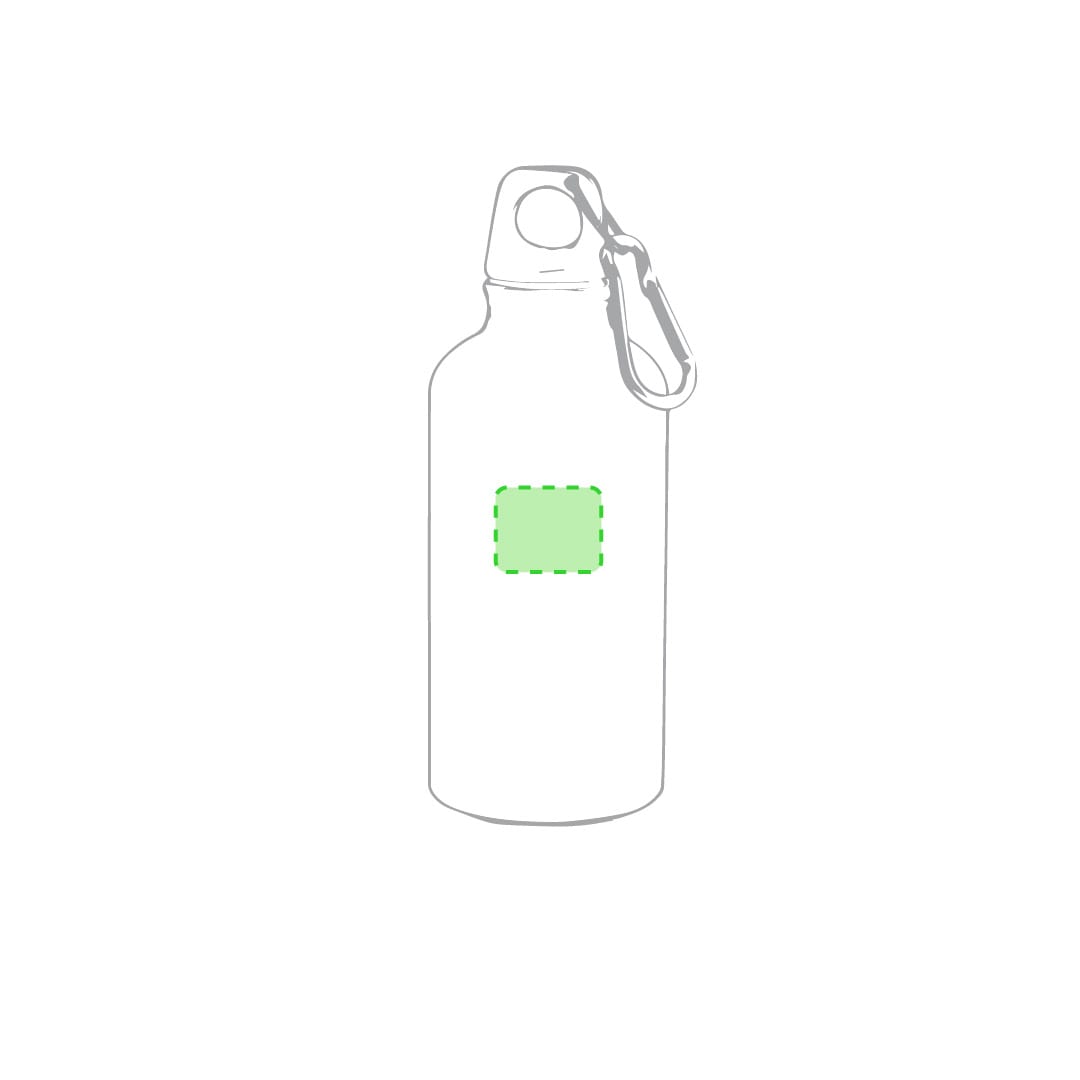 A drink bottle with a carabiner, featuring a blank green rectangular area for custom branding. The bottle is clear. Mento Bottle - Image 1