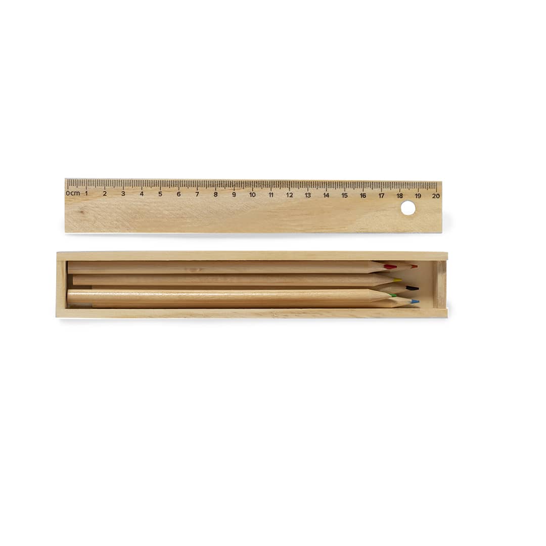 A pencil set featuring three grey-lead pencils and a wooden ruler, all enclosed in a wooden box. Dragon Pencil Set - Image 1