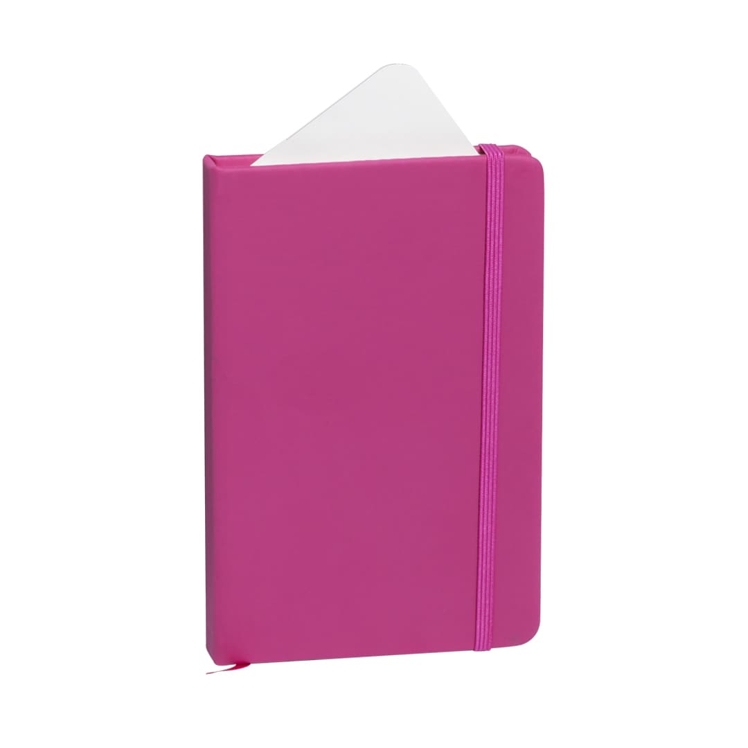 A pink notepad with a glossy finish, featuring an elastic band and a blank page peeking out at the top. Kine Notepad - Image 1