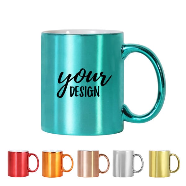 A ceramic coffee mug in teal with a contrasting handle, accompanied by mugs in red, orange, silver, and gold. Custom Ceramic Coffee Mug - Image 1