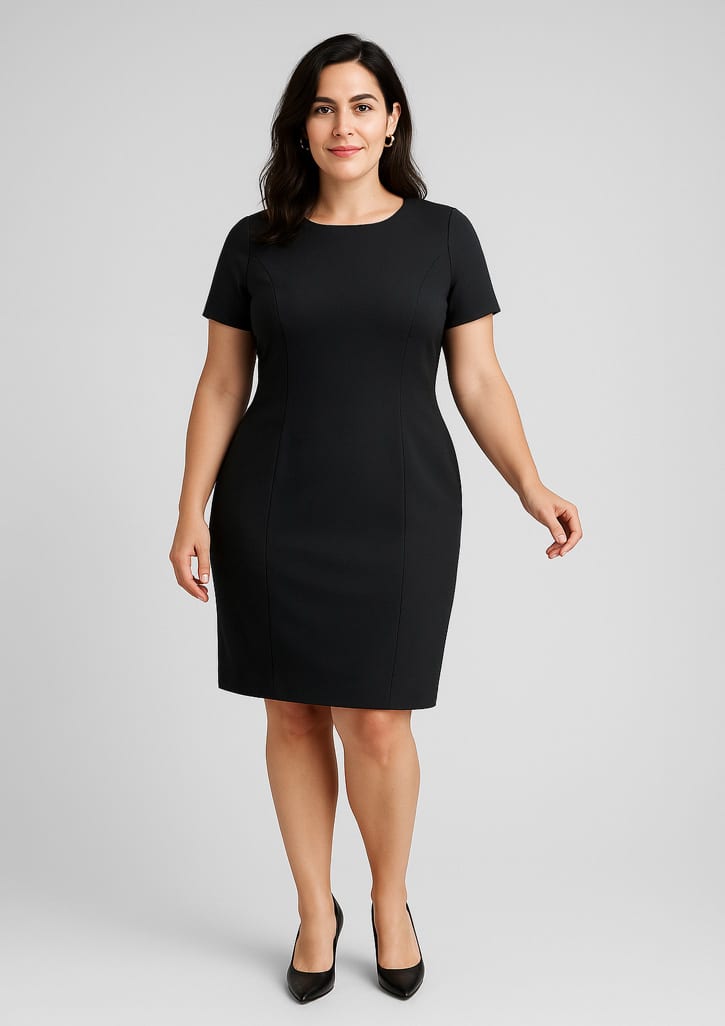 A black short sleeve shift dress with a fitted silhouette, featuring a round neckline and a subtle logo. Womens Comfort Wool Stretch Short Sleeve Shift Dress - Image 1