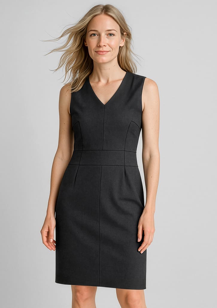 A sleeveless v-neck dress in black, fitted with subtle seam detailing and a polished look. It features a branding logo. Womens Comfort Wool Stretch Sleeveless V-Neck Dress - Image 1