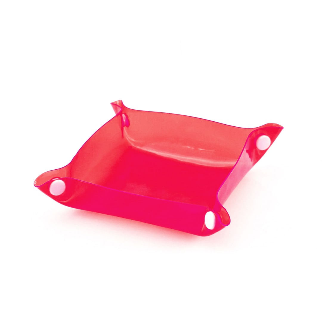 A pink Flot Coin Tray featuring a flexible design and round corner holes, ideal for miscellaneous items. Flot Coin Tray - Image 1