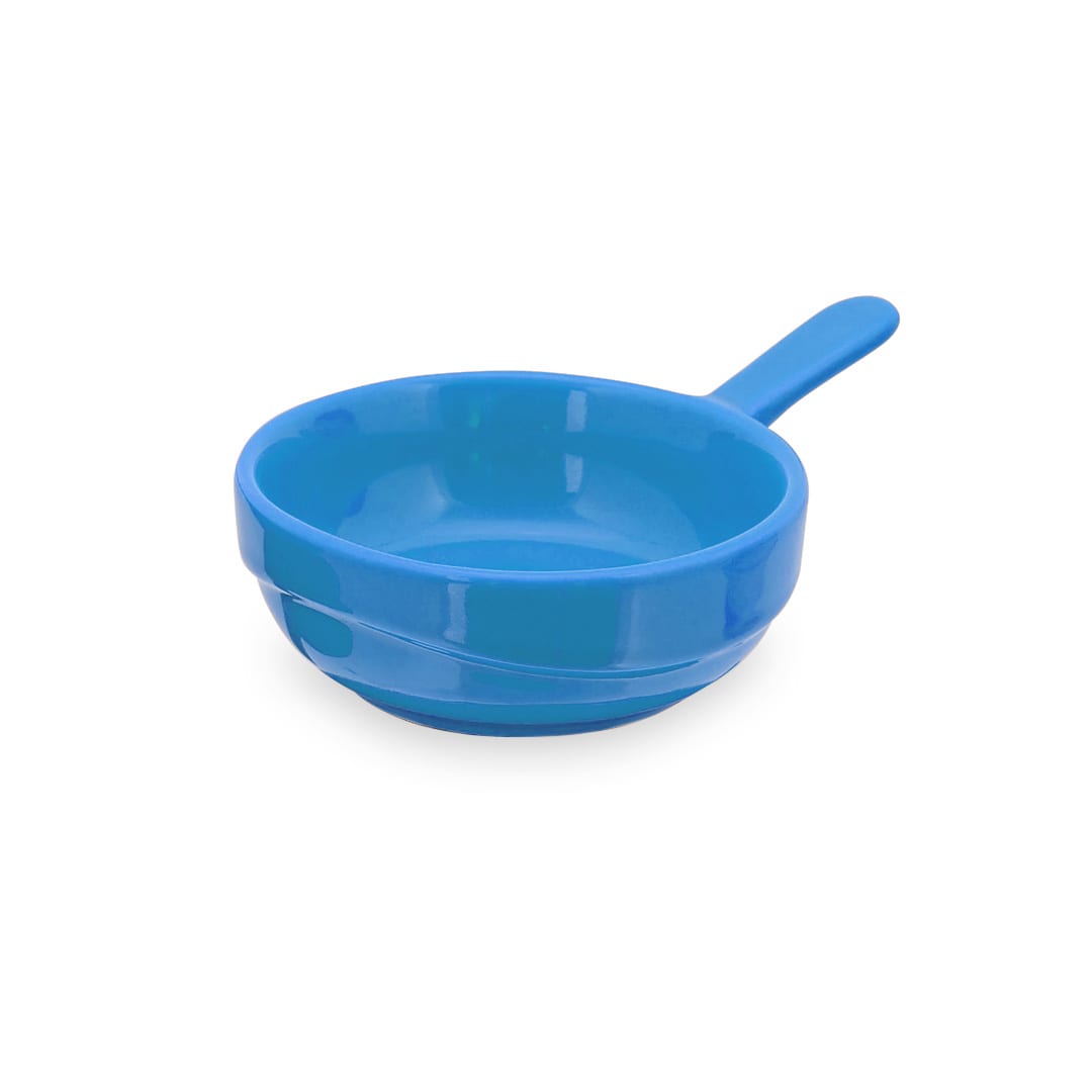 A blue serving dish with a handle, featuring a smooth, glossy finish. It has a rounded shape and a sturdy design. Boletus Serving Dishes - Image 1