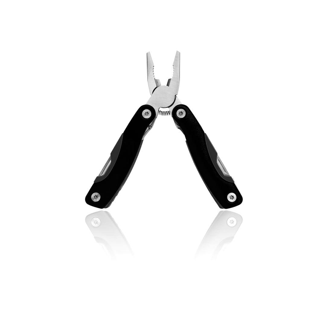 A multitool with pliers, featuring a sleek black handle and metallic components, reflecting light from a white background. Blauden Multitool - Image 1