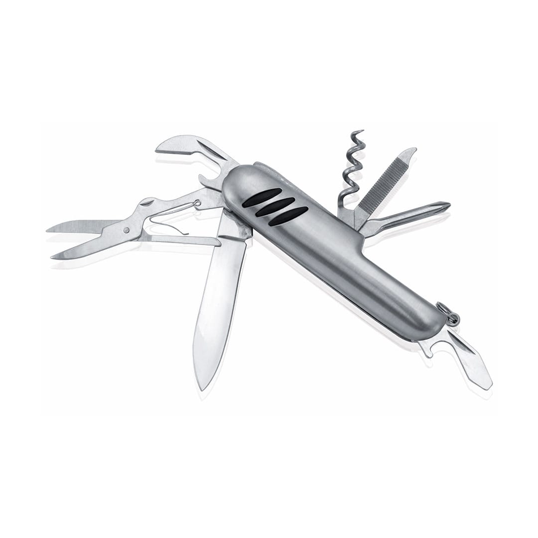A multifunction pocket knife with stainless steel components, featuring blades, scissors, a corkscrew, and a logo. Kolmi Multifunction Pocket Knife - Image 1