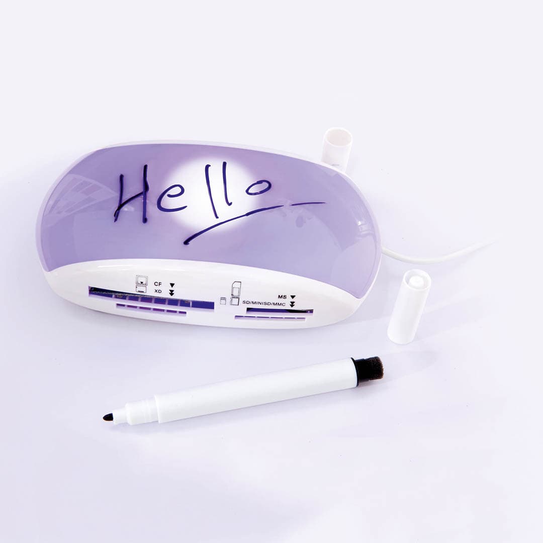 A purple electronic device with a writing surface, accompanied by a black marker pen. The device has a branding logo. Usak Card Reader - Image 1
