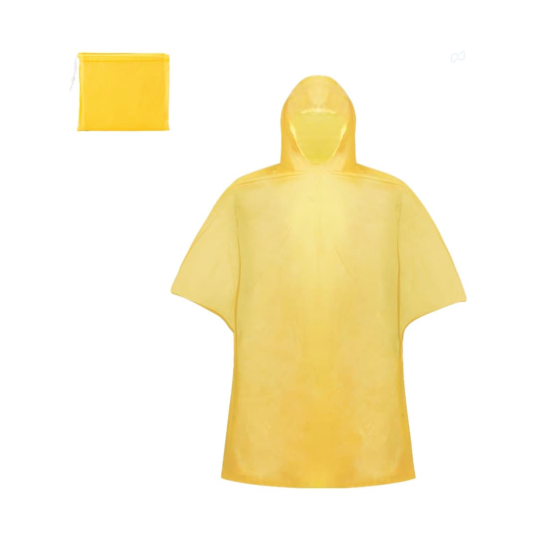 A yellow poncho raincoat with a hood, packaged in a matching storage pouch. It features a logo on the design. Remo Raincoat - Image 1