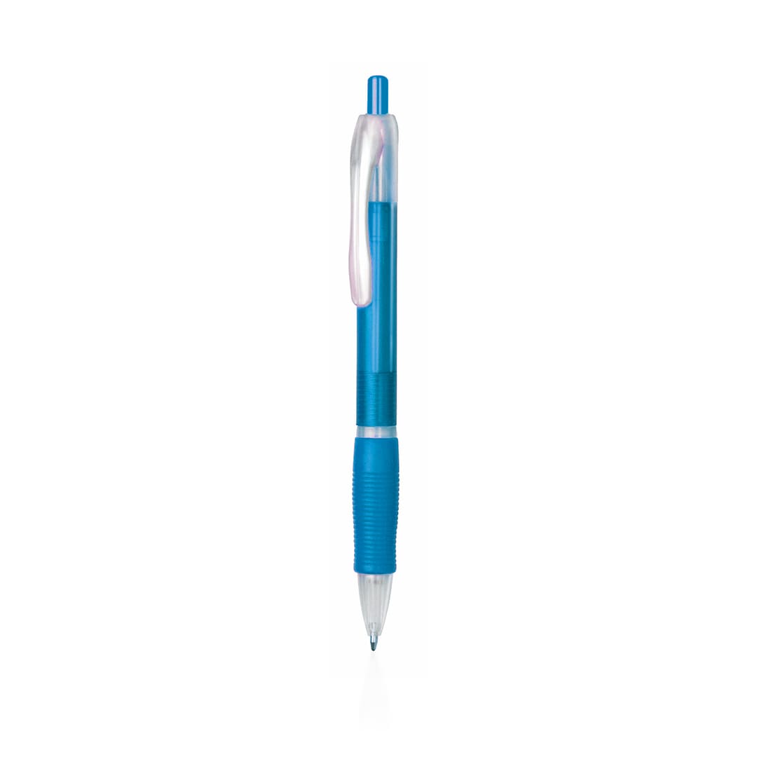 A blue plastic pen with a transparent upper section and a textured grip. It features a clip and has a branding logo. Zonet Pen - Image 1