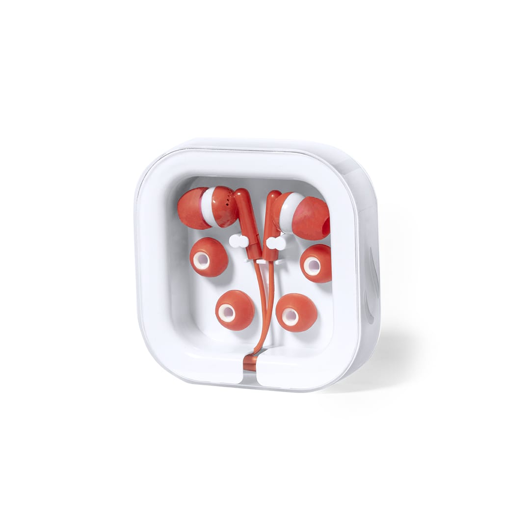Cort Earphones in red and white, with additional ear tips, presented in a compact white case. Cort Earphones - Image 1