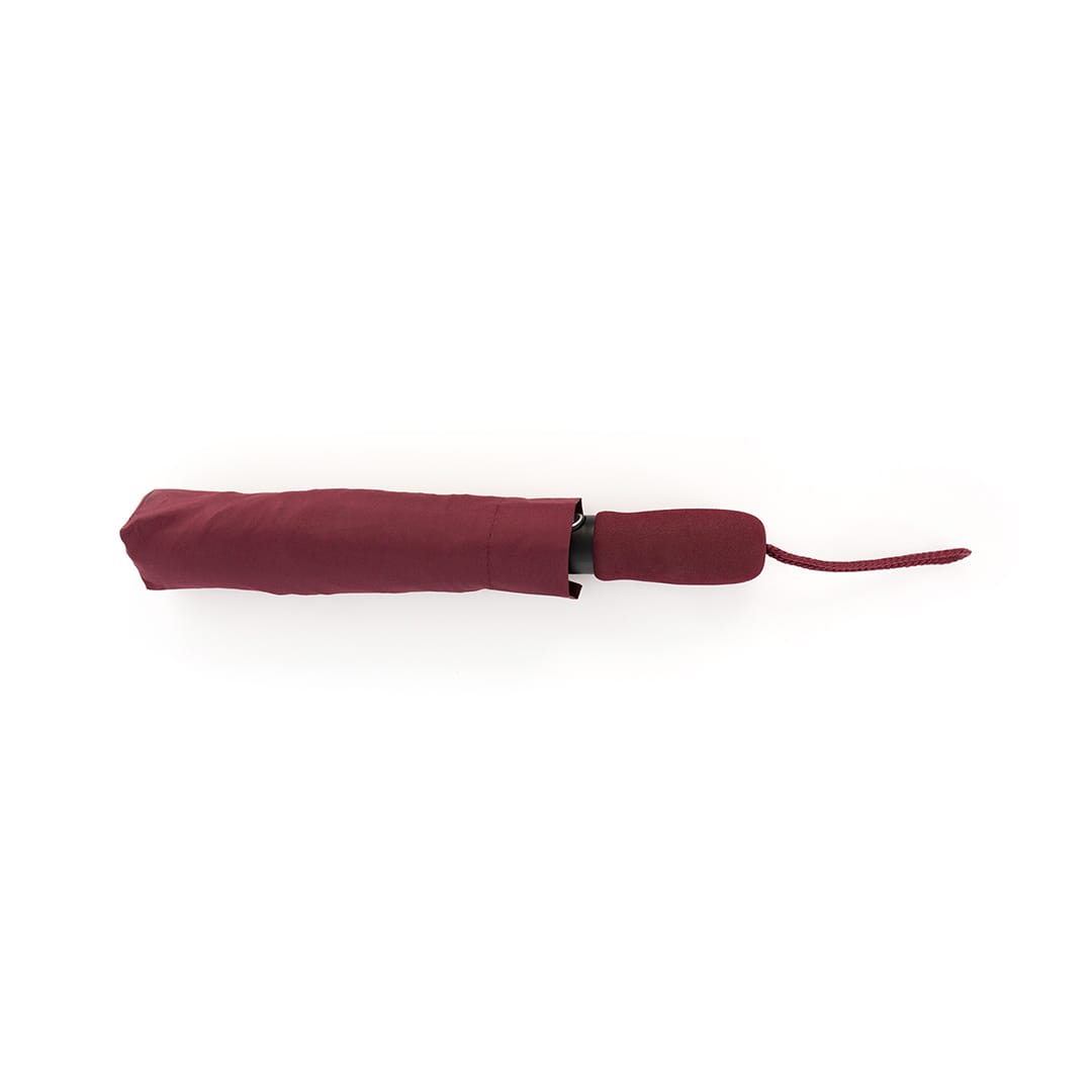 A maroon umbrella in a closed position, featuring a matching handle and a hanging loop. It has a logo on the handle. Elmer Umbrella - Image 1