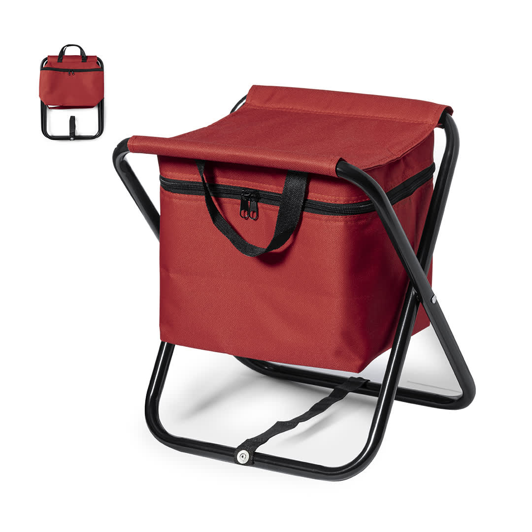 Red foldable chair with a zipped cooler bag and black handles, supported by a metal frame. Features a logo. Xana Chair Cool Bag - Image 1