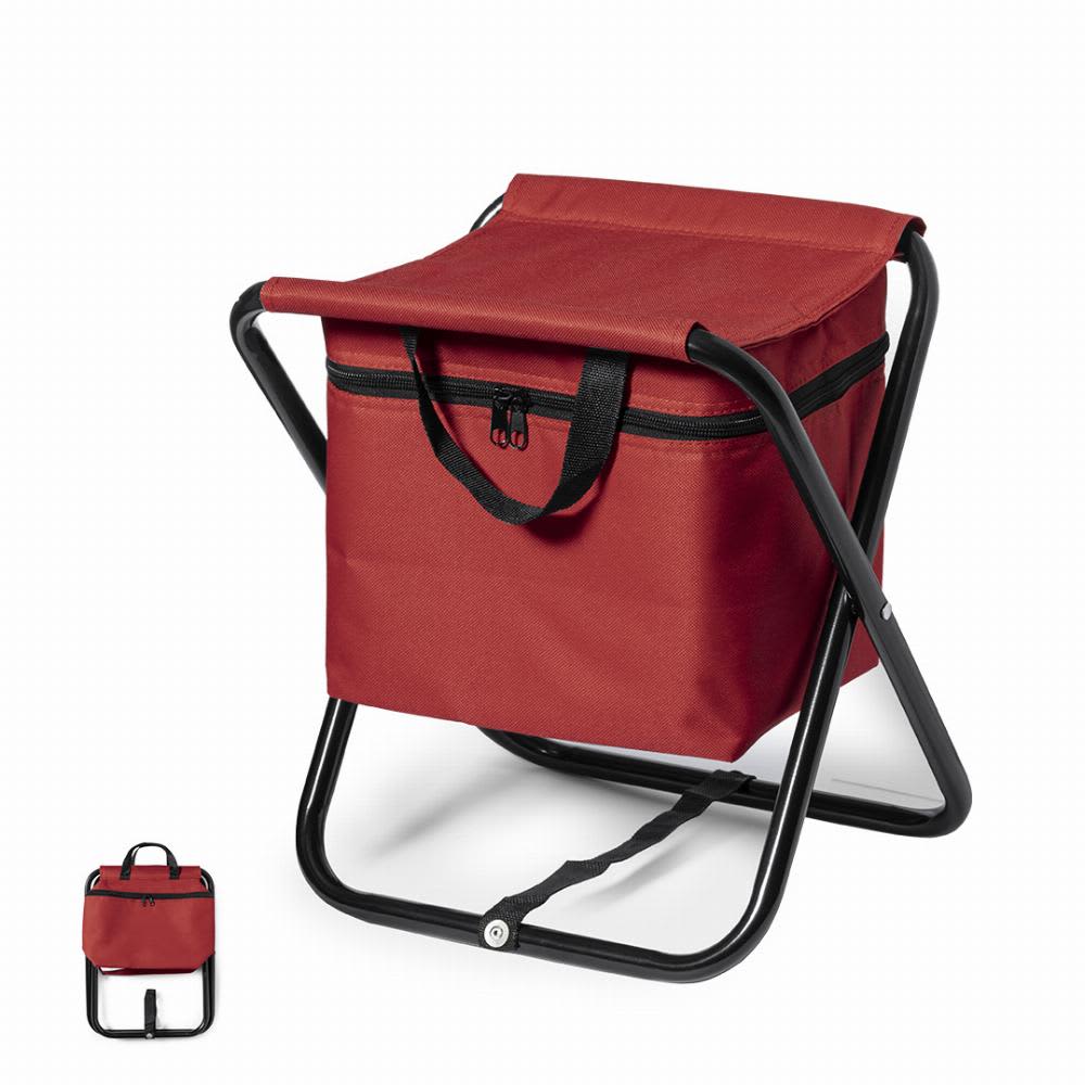 A red folding cooler with a zippered compartment and a sturdy black frame. It includes a carry handle for portability. Xana - Image 1